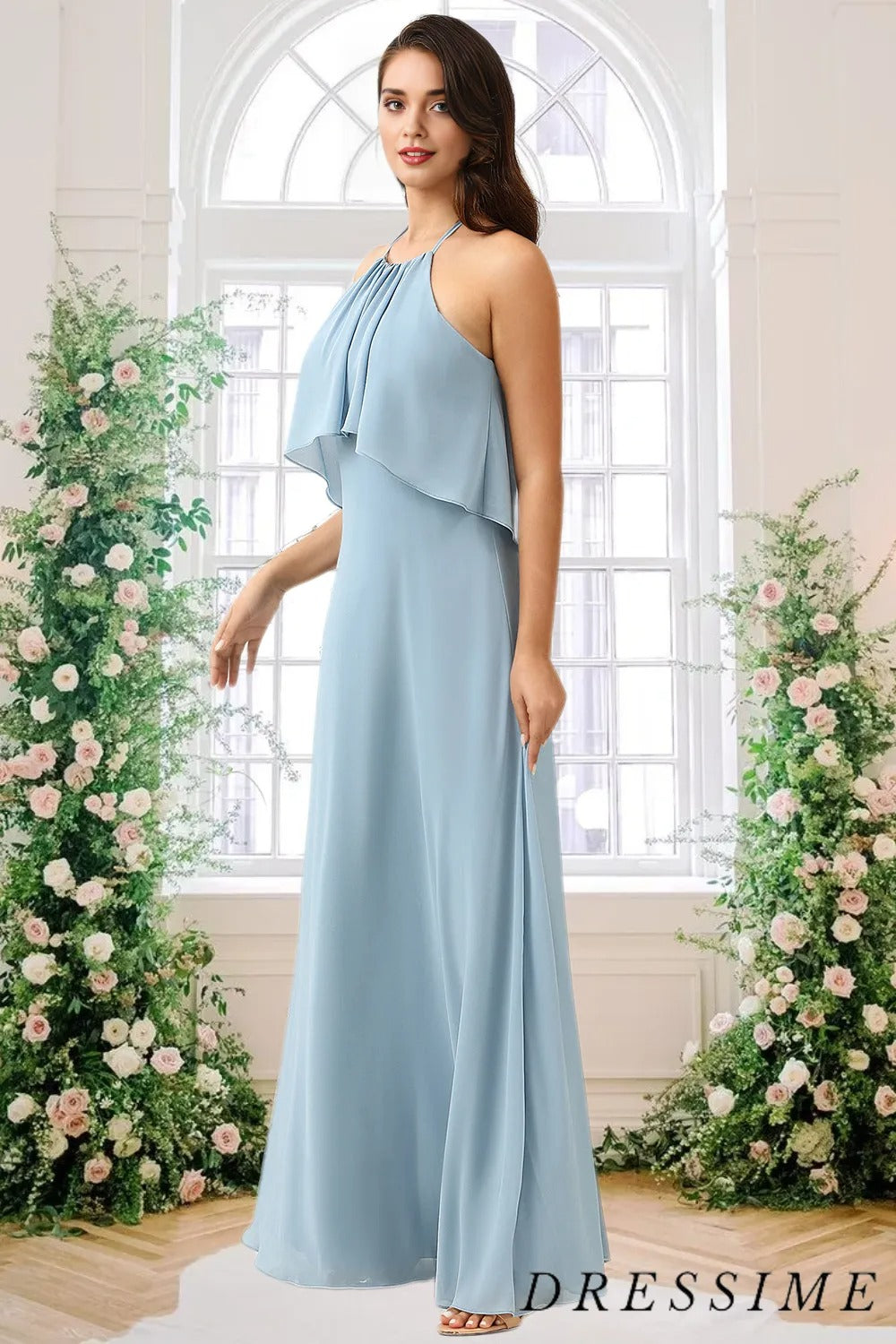 Dressime A Line Halter Chiffon Long Bridesmaid Dress With Ruffle dressime