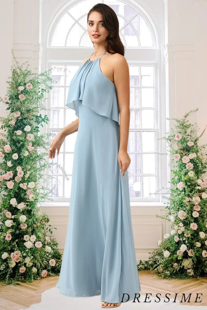 Dressime A Line Halter Chiffon Long Bridesmaid Dress With Ruffle dressime
