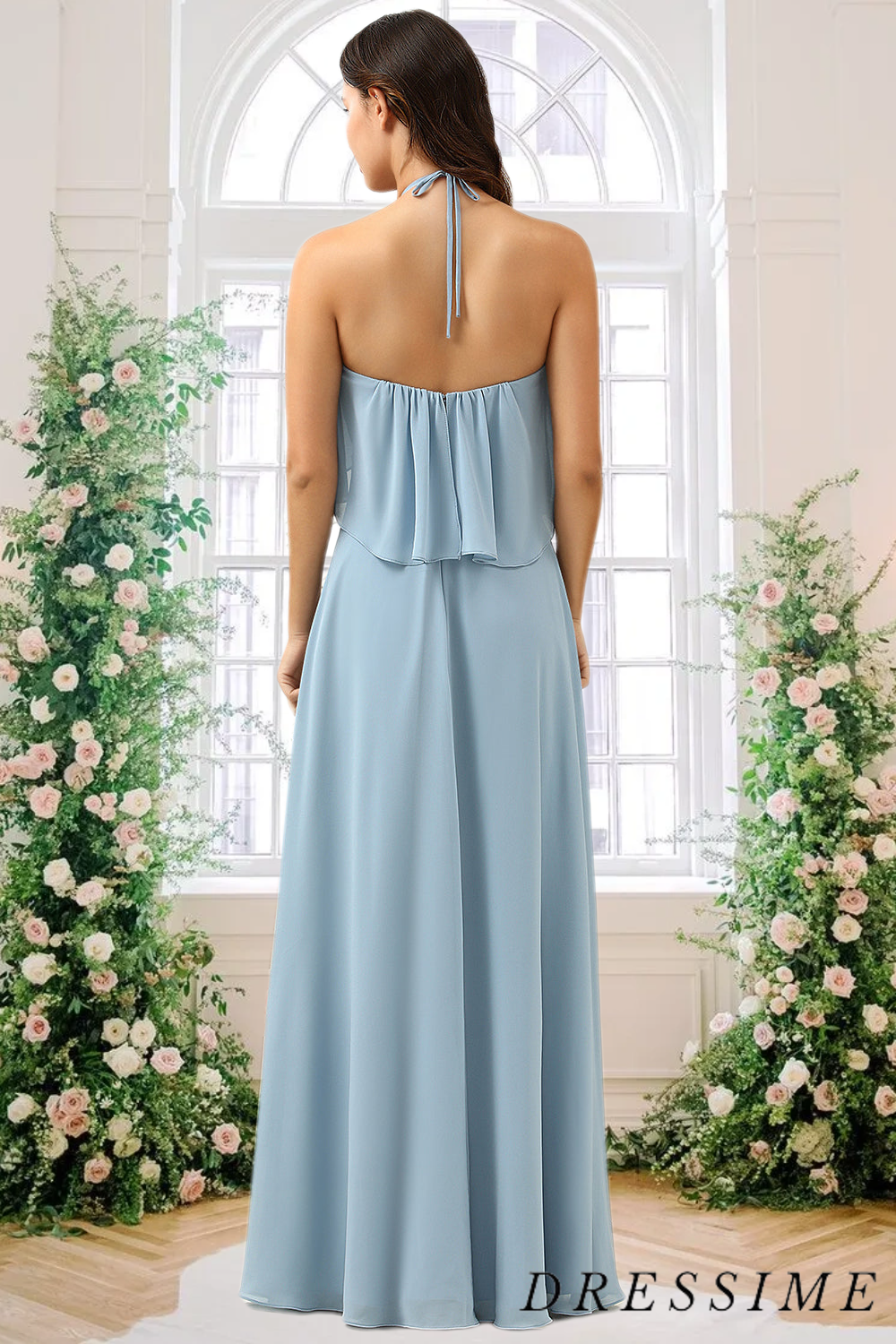 Dressime A Line Halter Chiffon Long Bridesmaid Dress With Ruffle dressime