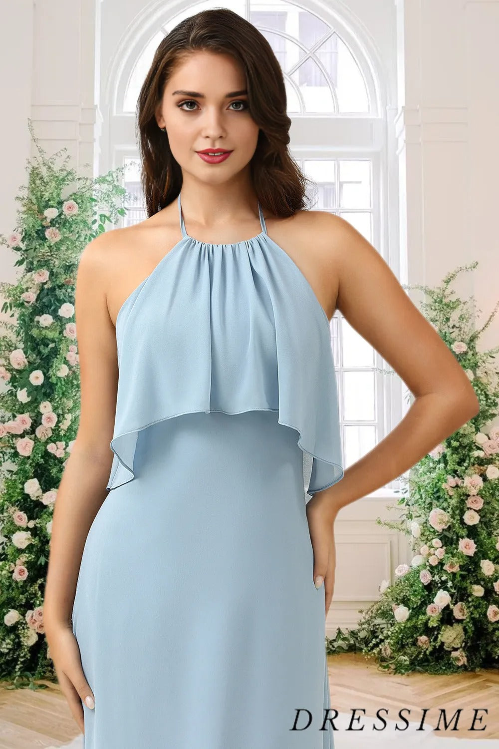 Dressime A Line Halter Chiffon Long Bridesmaid Dress With Ruffle dressime