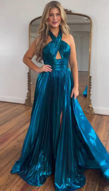 Dressime A Line Halter Satin Keyhole Long Prom Dress dressime