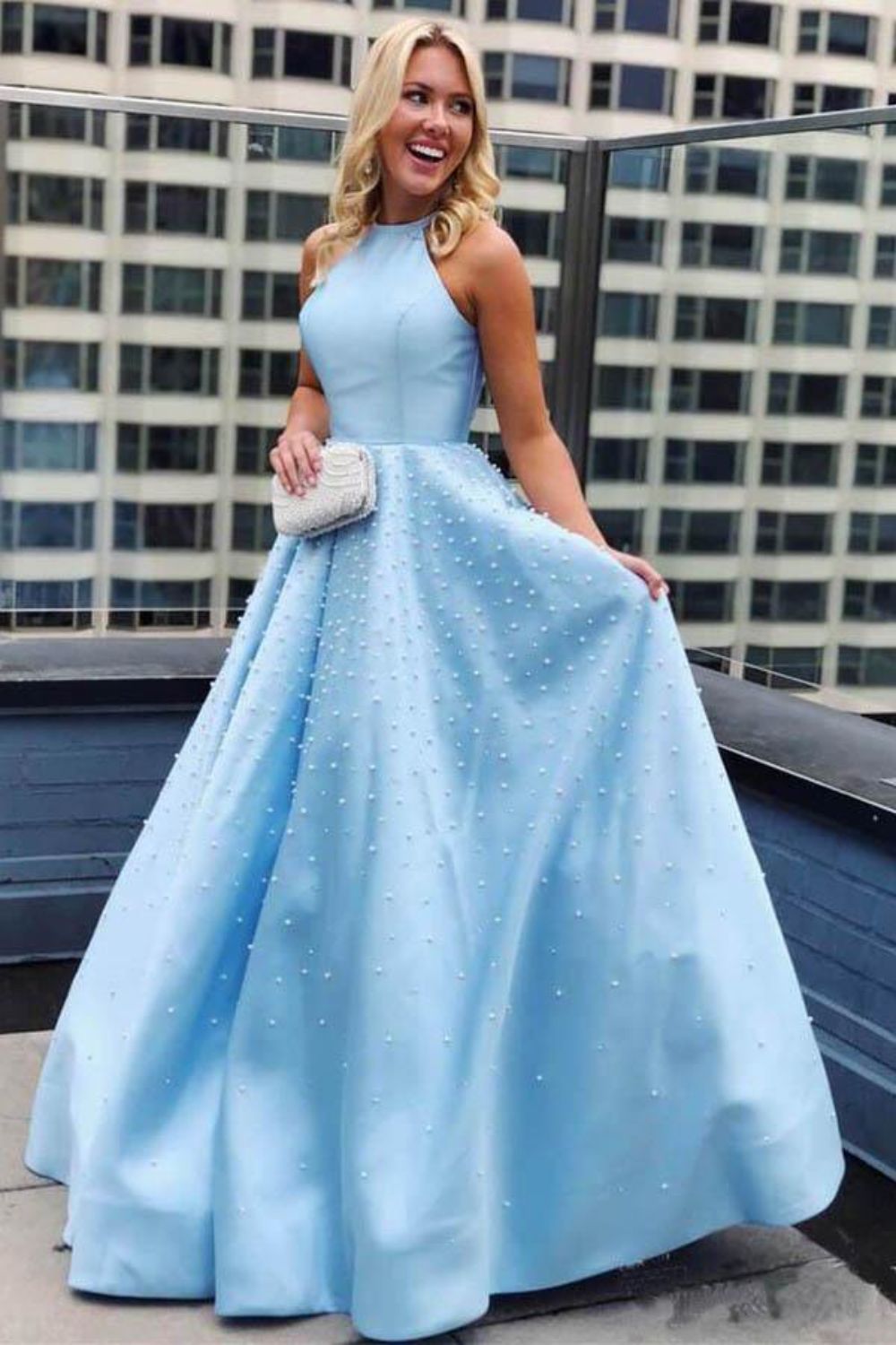 Dressime A Line Halter Satin Pearl Long Prom Dresseswith Pocket dressime