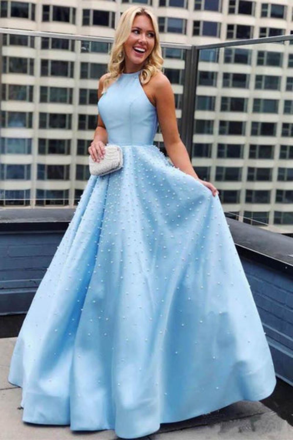 Dressime A Line Halter Satin Pearl Long Prom Dresseswith Pocket dressime
