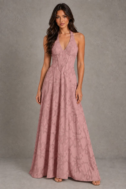 Dressime A Line Halter V Neck Corset Floral Burnout Long Bridesmaid Dresses
