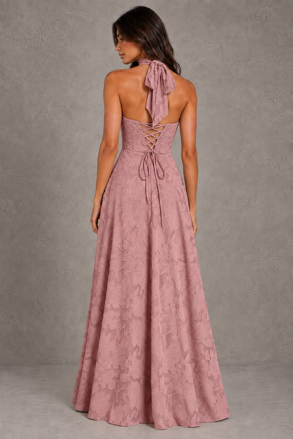 Dressime A Line Halter V Neck Corset Floral Burnout Long Bridesmaid Dresses
