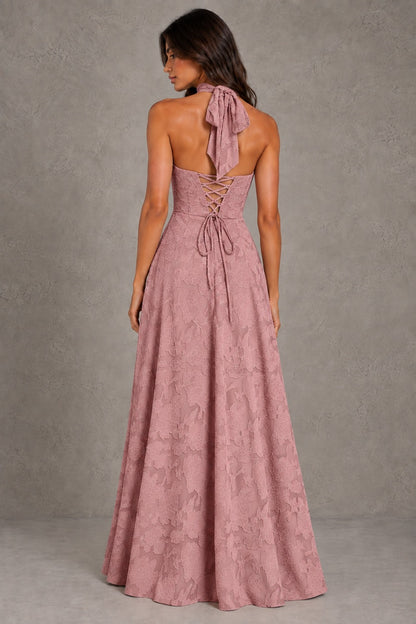 Dressime A Line Halter V Neck Corset Floral Burnout Long Bridesmaid Dresses