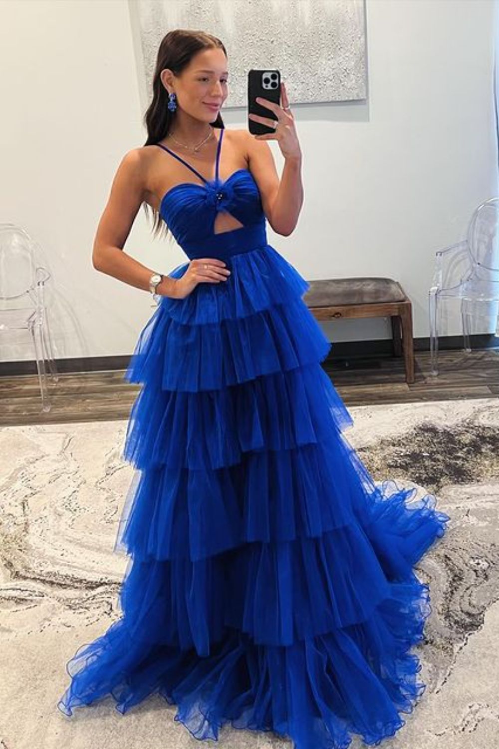 Dressime A-Line Halter keyhole Tulle Tiered Long Prom Dress dressime