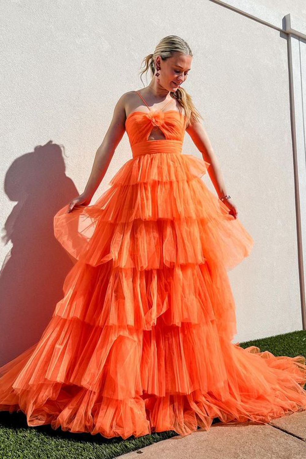 Dressime A-Line Halter keyhole Tulle Tiered Long Prom Dress dressime