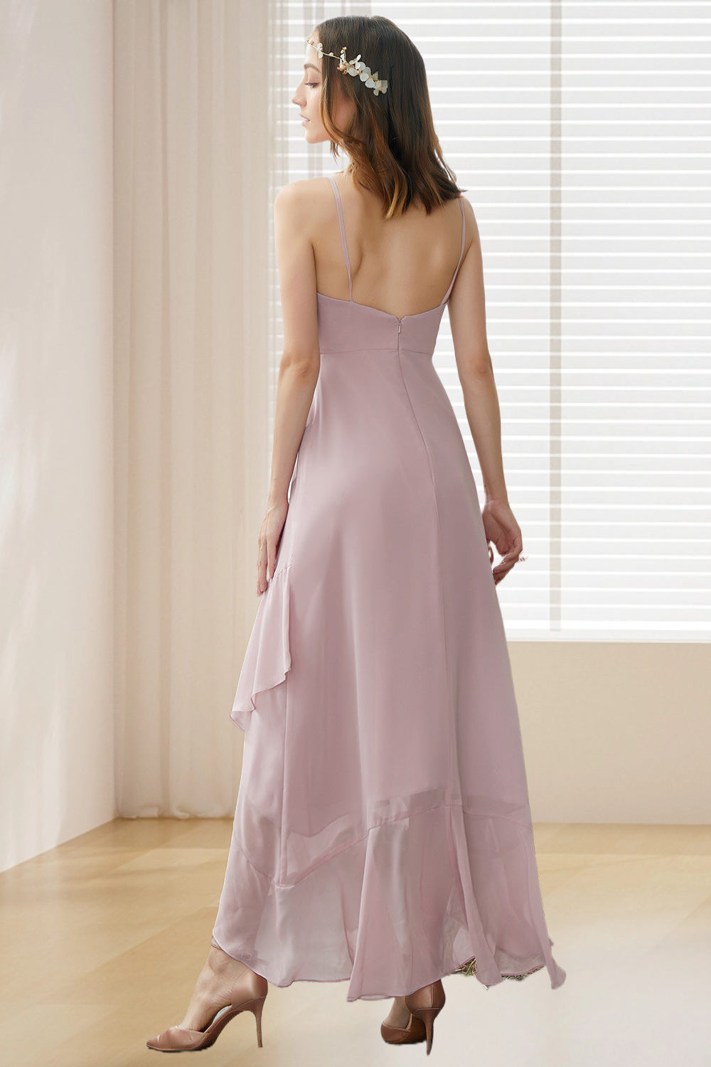 Dressime A Line High Low Spaghetti Straps Chiffon Bridemaid Dress dressime