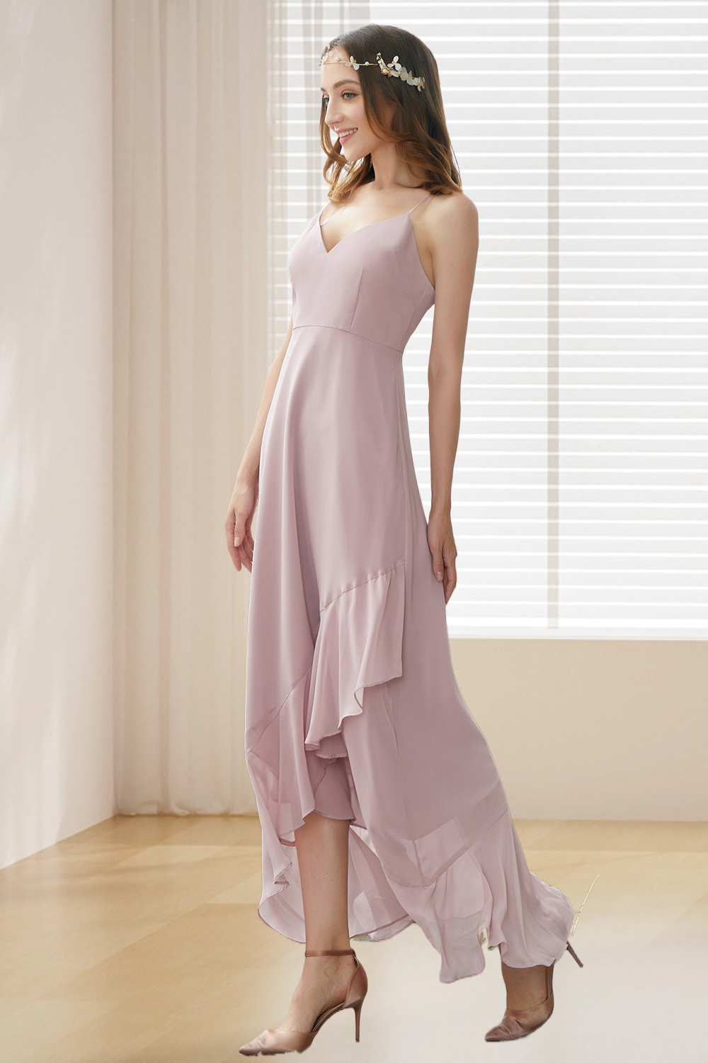 Dressime A Line High Low Spaghetti Straps Chiffon Bridemaid Dress dressime