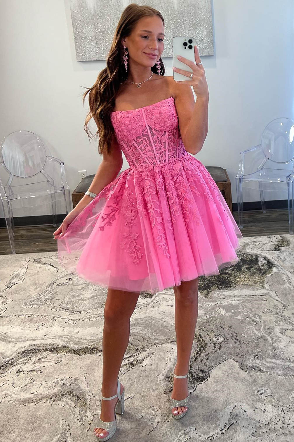 dressimeA Line Lace Strapless Sleeveless Short Cocktail Dresses Tulle Homecoming Dresses 