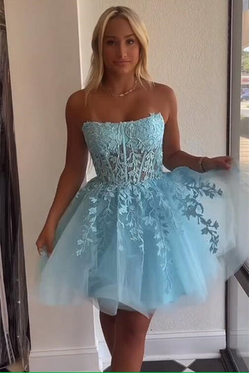 dressimeA Line Lace Strapless Sleeveless Short Cocktail Dresses Tulle Homecoming Dresses 