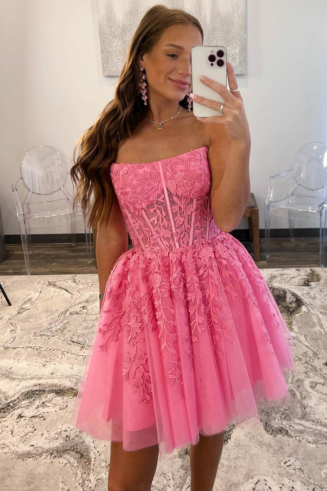dressimeA Line Lace Strapless Sleeveless Short Cocktail Dresses Tulle Homecoming Dresses 