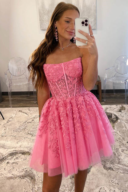 dressimeA Line Lace Strapless Sleeveless Short Cocktail Dresses Tulle Homecoming Dresses 
