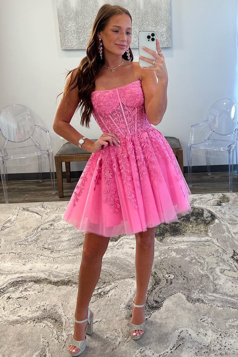 dressimeA Line Lace Strapless Sleeveless Short Cocktail Dresses Tulle Homecoming Dresses 
