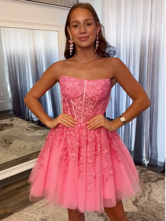 dressimeA Line Lace Strapless Sleeveless Short Cocktail Dresses Tulle Homecoming Dresses 