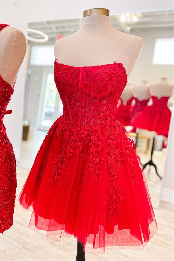 dressimeA Line Lace Strapless Sleeveless Short Cocktail Dresses Tulle Homecoming Dresses 