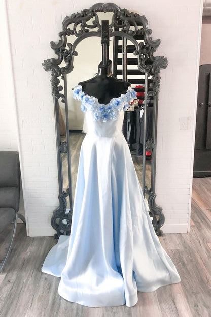 Dressime A Line Off Shoulder Satin Long Prom Dress With 3D Flower dressime