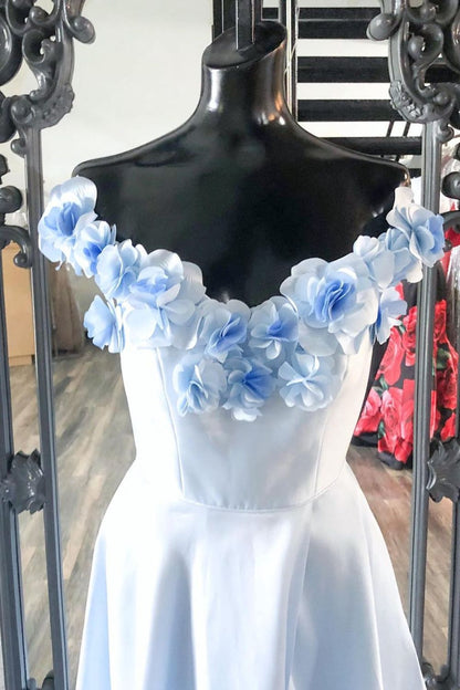 Dressime A Line Off Shoulder Satin Long Prom Dress With 3D Flower dressime