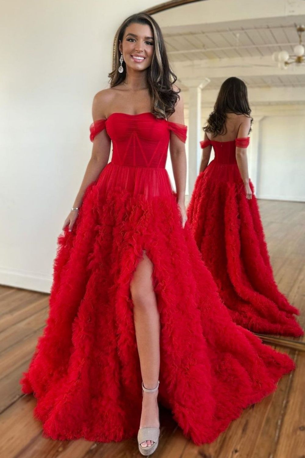 Dressime A-Line Off Shoulder Tulle Tiered Long Prom Dresses With Slit dressime Dressime A-Line Off Shoulder Tulle Tiered Long Prom Dresses With Slit dressime