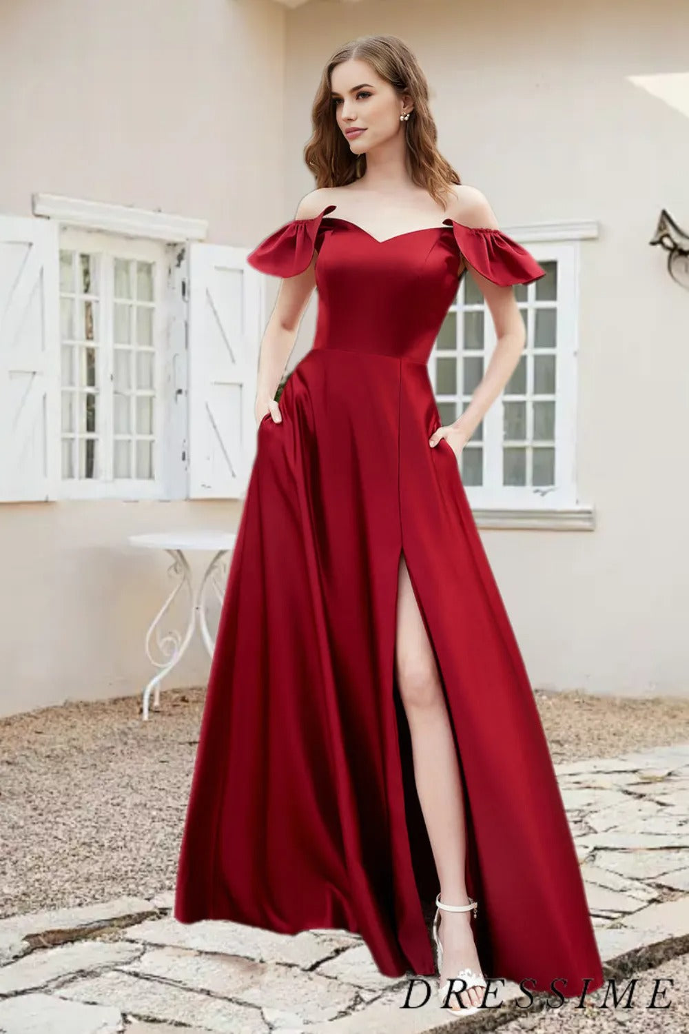 Dressime A Line Off The Shoulder Satin Long Bridesmaid Dress With Slit dressime Dressime A Line Off The Shoulder Satin Long Bridesmaid Dress With Slit dressime