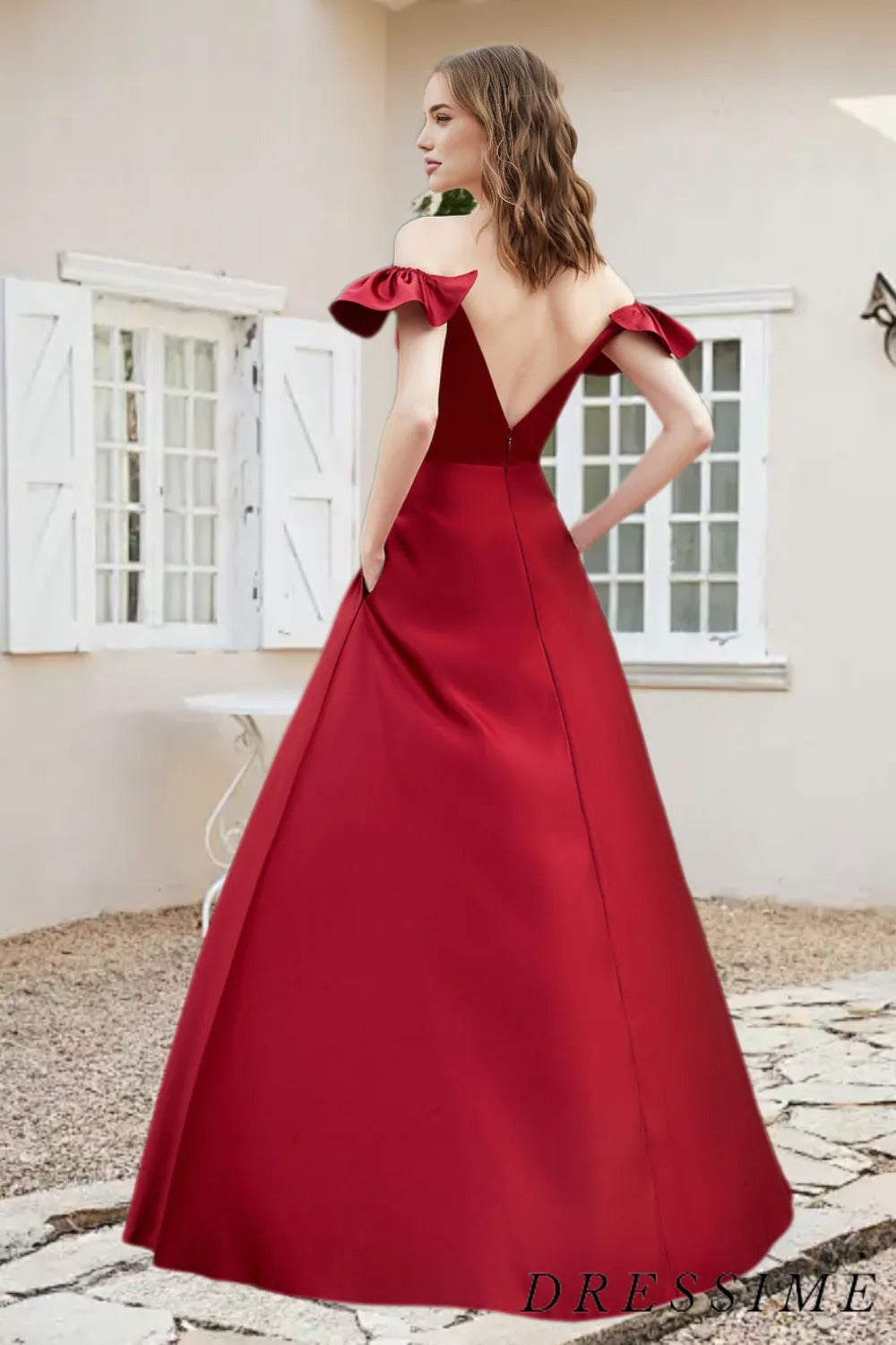 Dressime A Line Off The Shoulder Satin Long Bridesmaid Dress With Slit dressime Dressime A Line Off The Shoulder Satin Long Bridesmaid Dress With Slit dressime