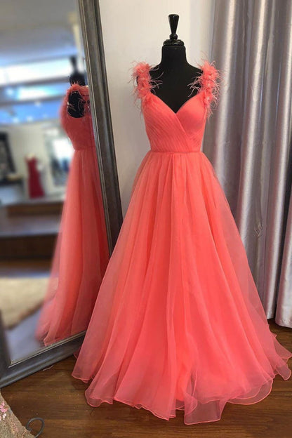Dressime A-Line Off The Shoulder Tulle Ruched Feather Prom Dress With Slit dressime