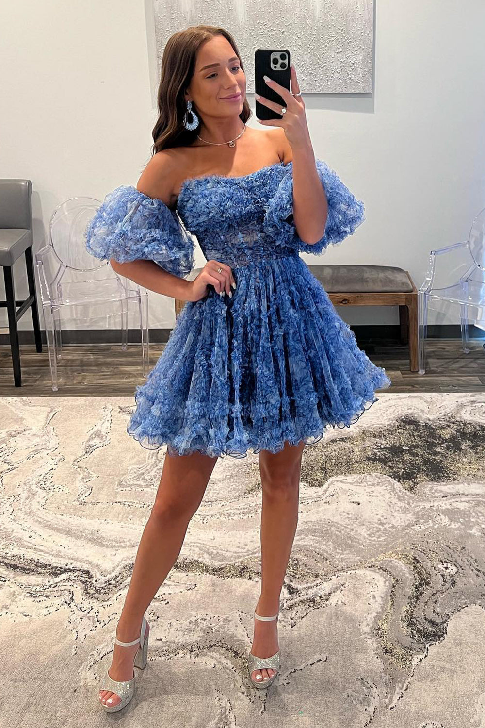 Dressime A Line Off the Shoulder Printed Above Knee Homecoming Dresses dressime Dressime A Line Off the Shoulder Printed Above Knee Homecoming Dresses dressime