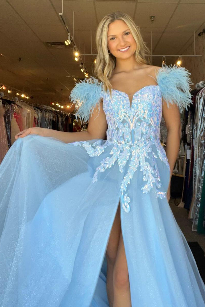 Dressime A Line Off the Shoulder Tulle Slit Long Prom Dress With Sequin Applique & Feather dressime