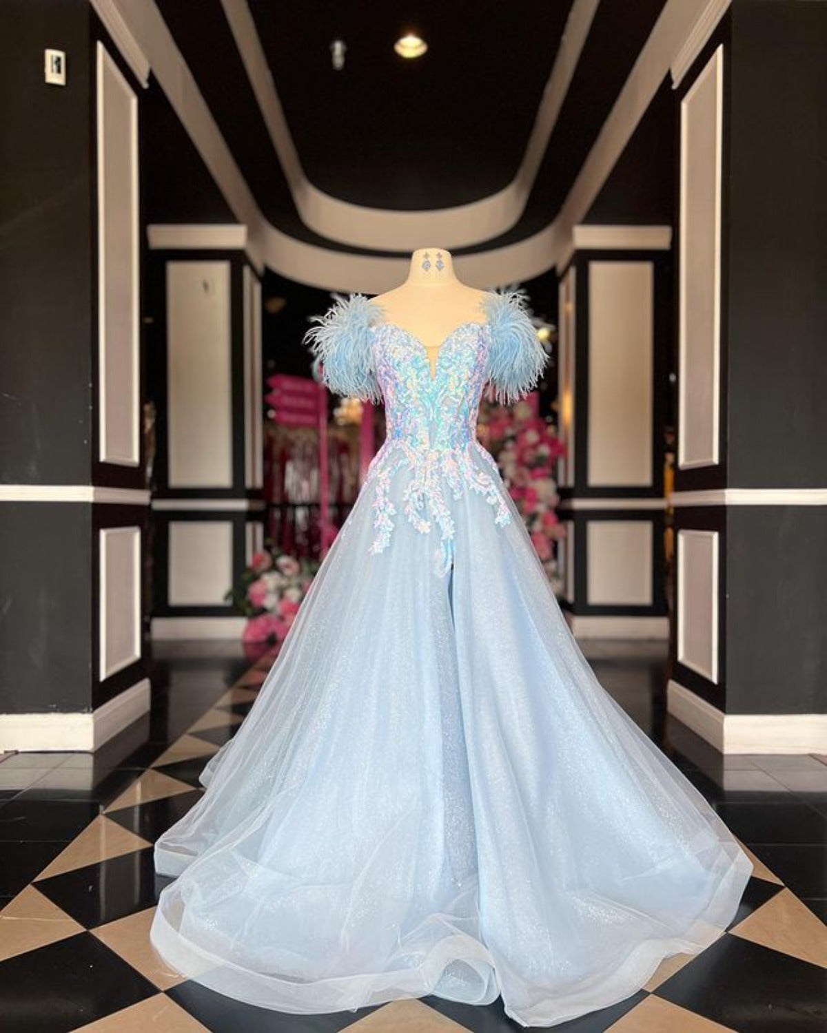 Dressime A Line Off the Shoulder Tulle Slit Long Prom Dress With Sequin Applique & Feather dressime