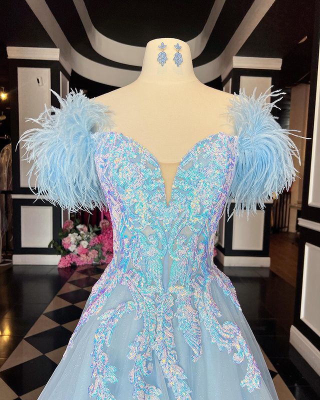 Dressime A Line Off the Shoulder Tulle Slit Long Prom Dress With Sequin Applique & Feather dressime