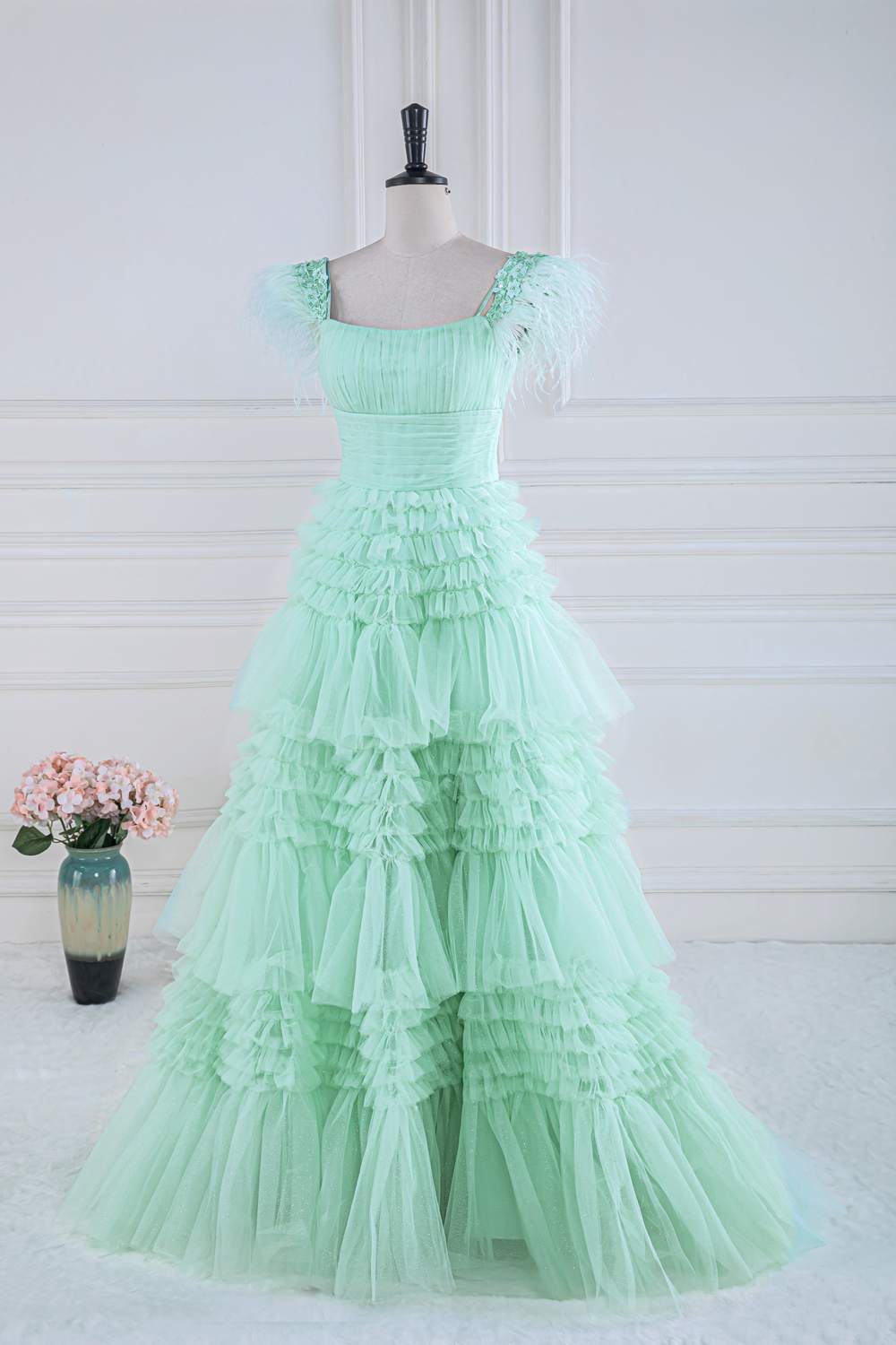 Dressime A Line Off the Shoulder Tulle Tiered Long Prom Dress with Fea dressime Dressime A Line Off the Shoulder Tulle Tiered Long Prom Dress with Fea dressime