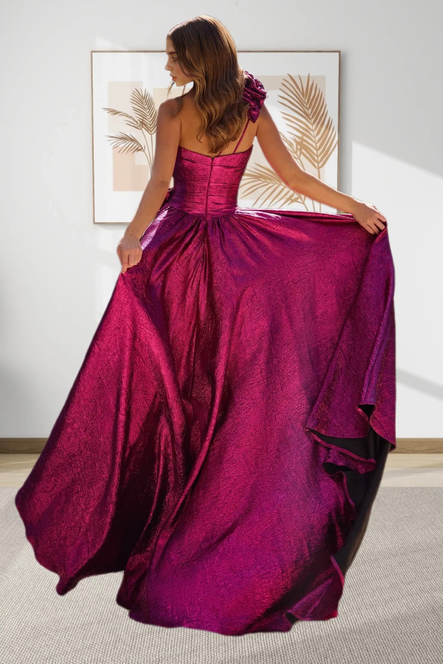 Dressime Purple Metallic Prom Dresse A Line One Shoulder Formal Dress With 3D Flowers dressime Dressime Purple Metallic Prom Dresse A Line One Shoulder Formal Dress With 3D Flowers dressime