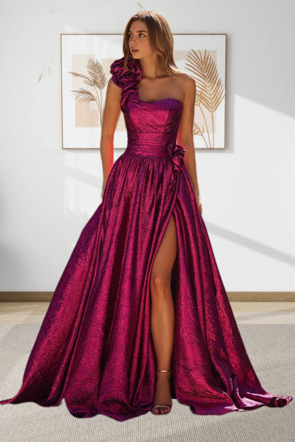 Dressime Purple Metallic Prom Dresse A Line One Shoulder Formal Dress With 3D Flowers dressime Dressime Purple Metallic Prom Dresse A Line One Shoulder Formal Dress With 3D Flowers dressime