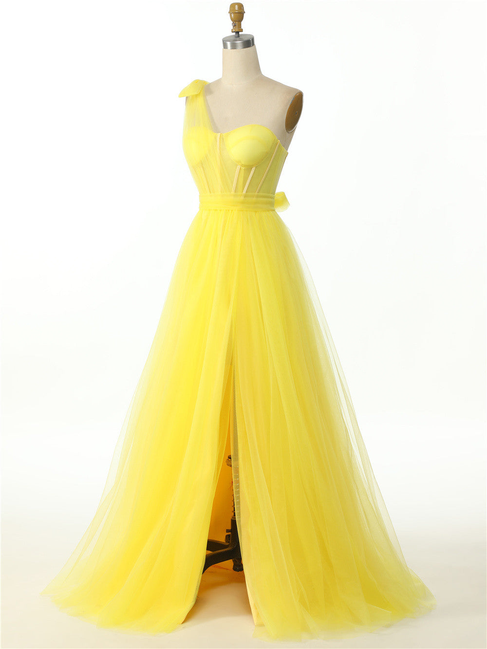 Dressime A Line One Shoulder Pleated Tulle Split Long Prom Dress dressime