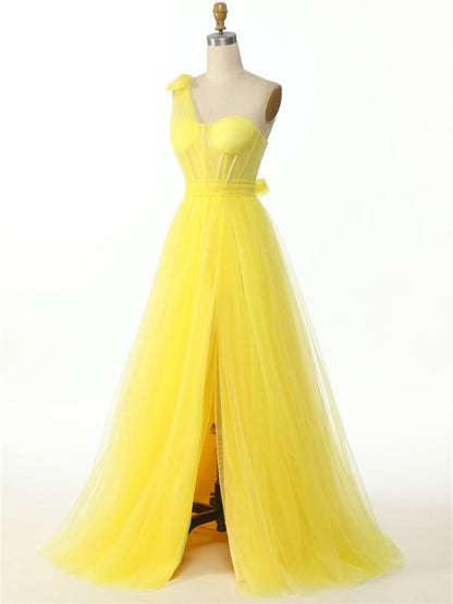 Dressime A Line One Shoulder Pleated Tulle Split Long Prom Dress dressime