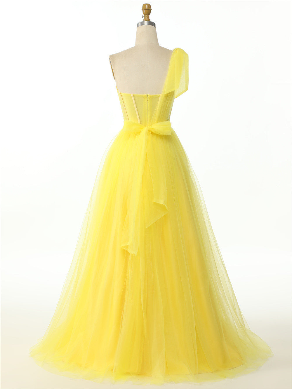 Dressime A Line One Shoulder Pleated Tulle Split Long Prom Dress dressime