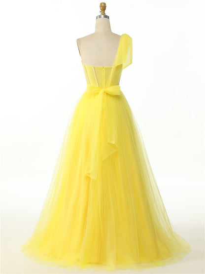 Dressime A Line One Shoulder Pleated Tulle Split Long Prom Dress dressime