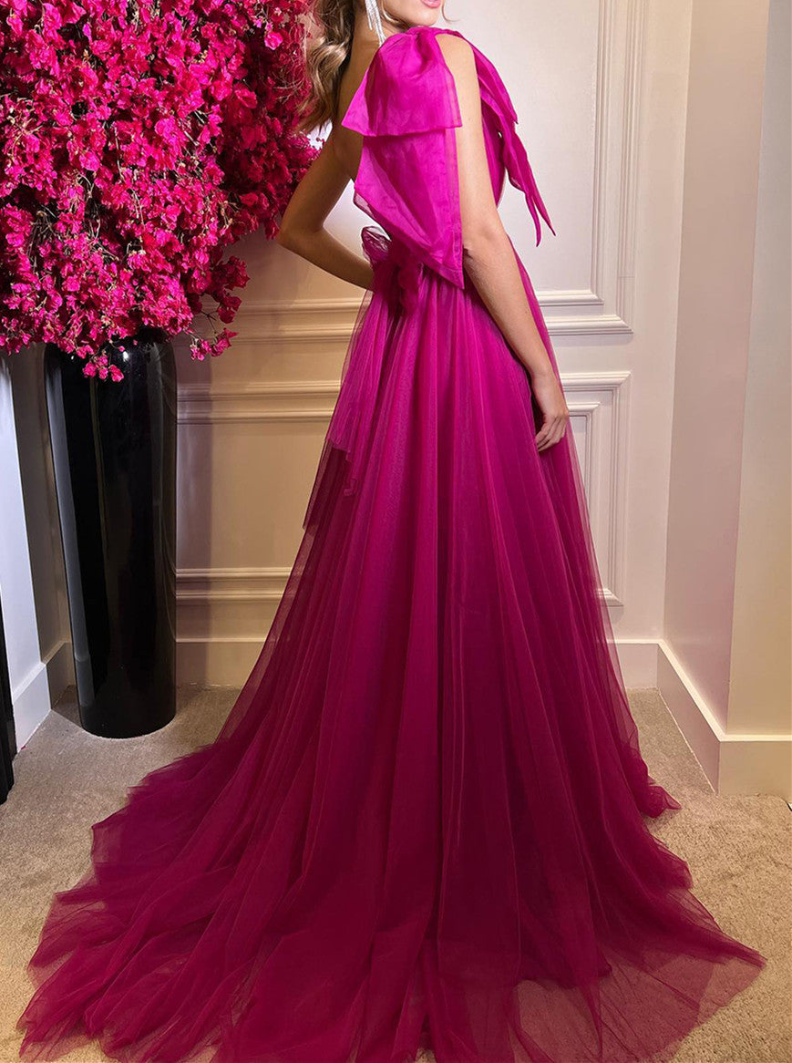 Dressime A Line One Shoulder Pleated Tulle Split Long Prom Dress dressime