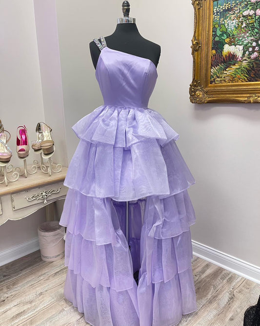 Dressime A Line One Shoulder Satin Tiered Asymmetrical Prom Dress dressime