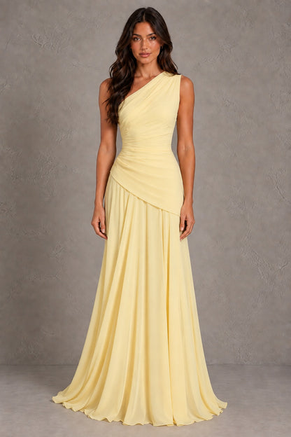 Dressime A Line One Shoulder Sleeveless Chiffon Pleated Maxi Prom Dresses
