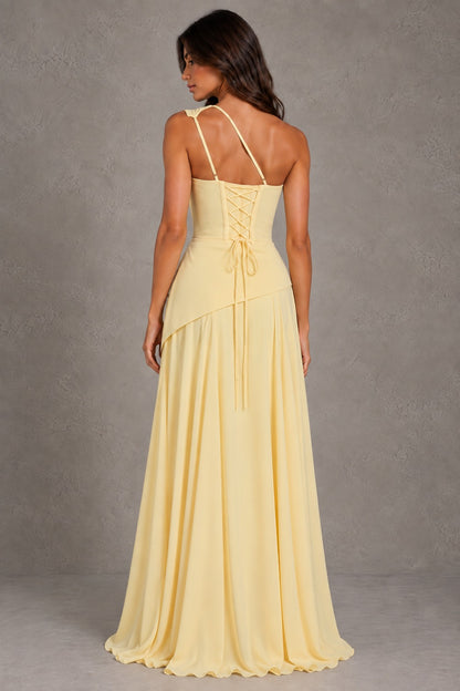 Dressime A Line One Shoulder Sleeveless Chiffon Pleated Maxi Prom Dresses