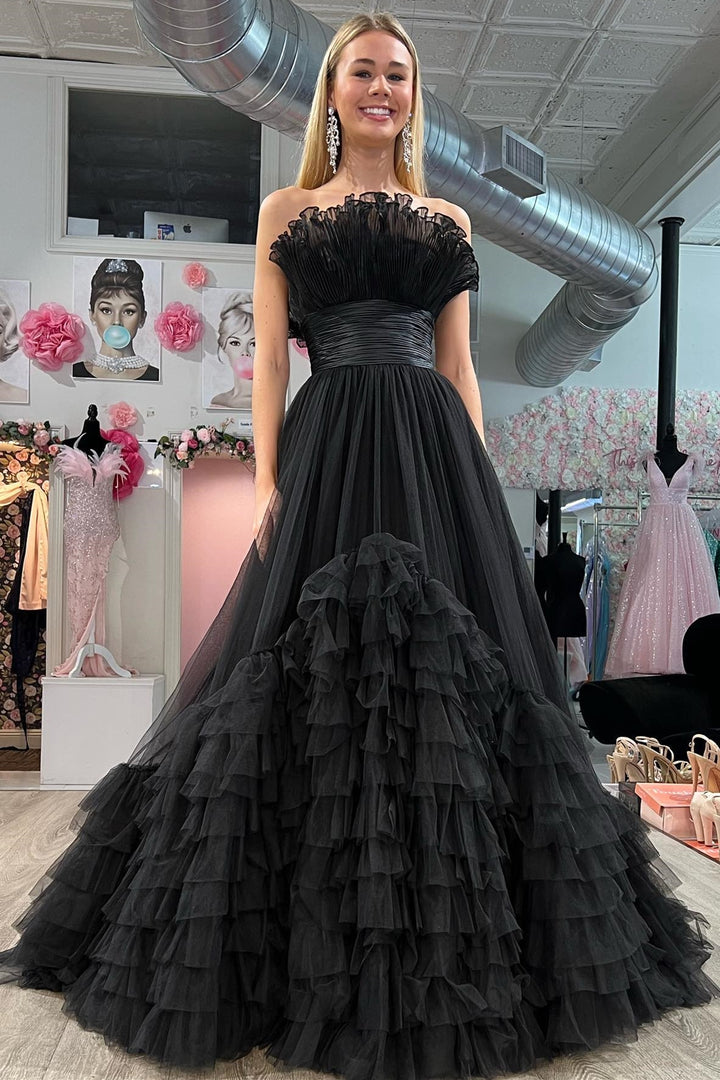 dressimeA-Line Organza Strapless Belted Tiered Prom Dress with Ruffles 