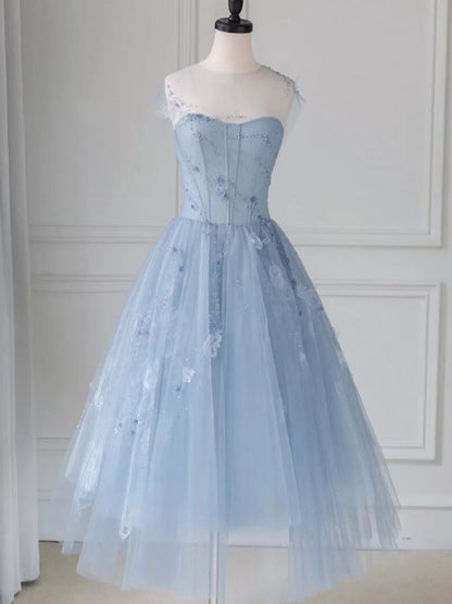 Dressime A Line Scoop Neck Tulle Short Ankle-Length Homecoming Dress With Appliques dressime