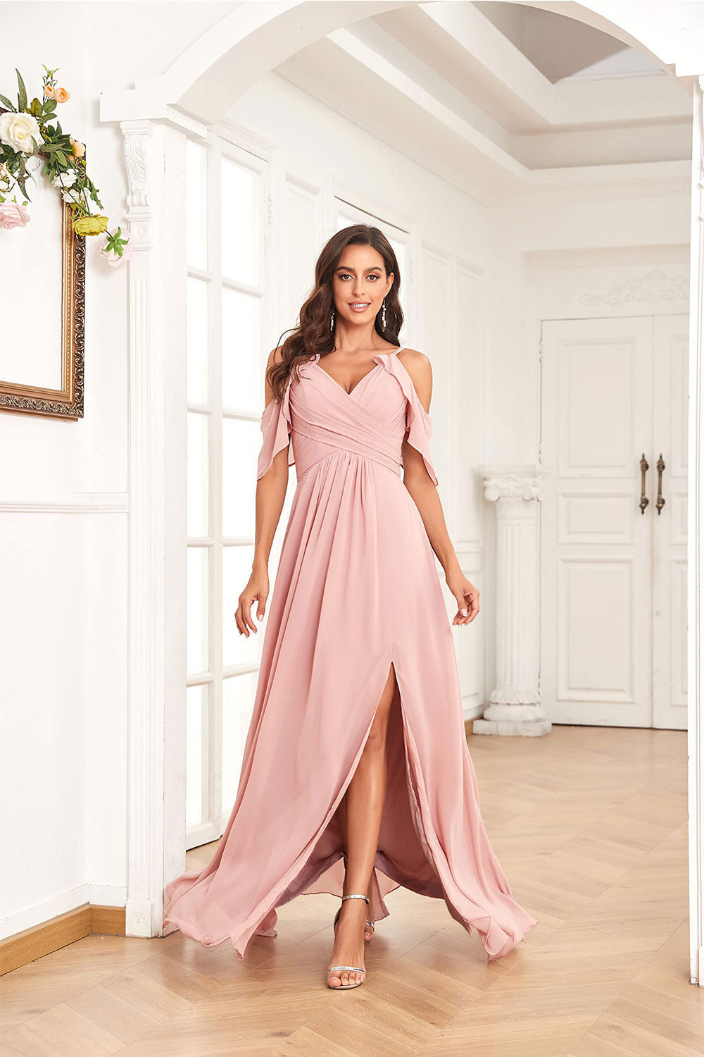 dressimeA Line Spaghetti Straps Chiffon Cold Shoulder Slit Long Bridesmaid Dresses 