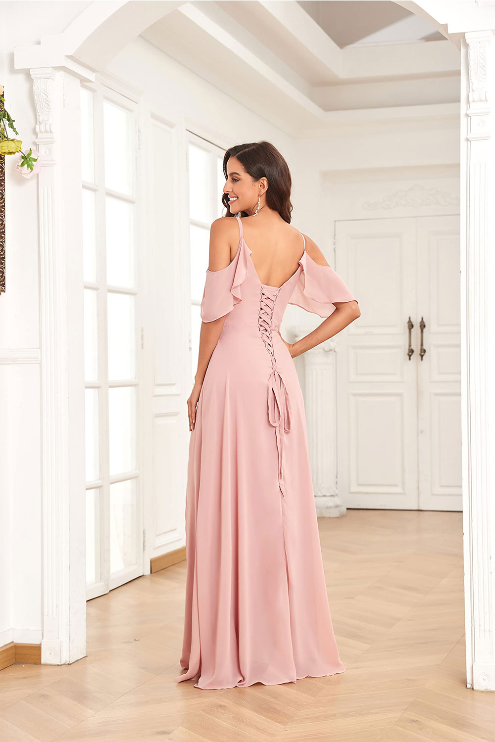 dressimeA Line Spaghetti Straps Chiffon Cold Shoulder Slit Long Bridesmaid Dresses 