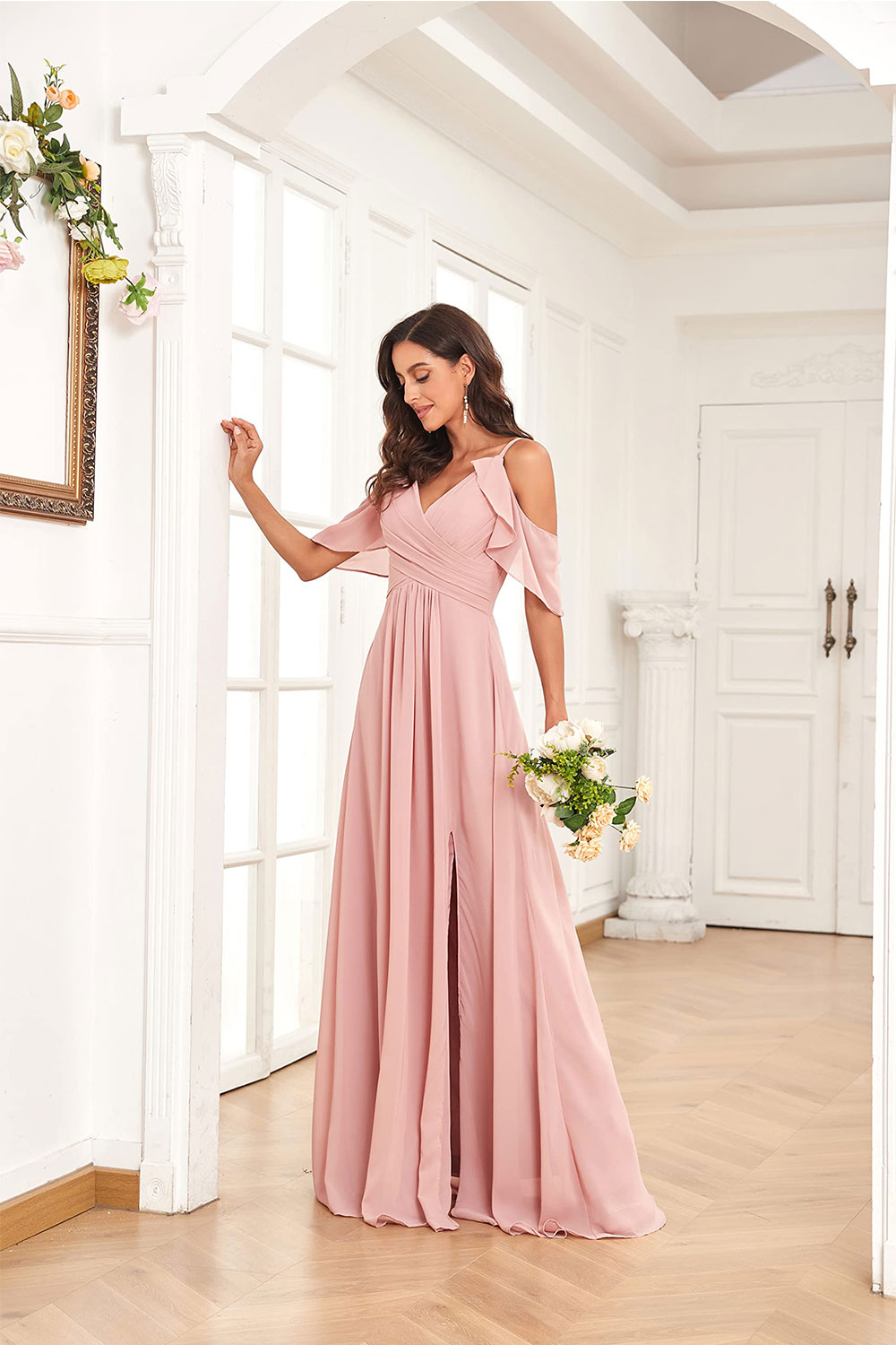 dressimeA Line Spaghetti Straps Chiffon Cold Shoulder Slit Long Bridesmaid Dresses 