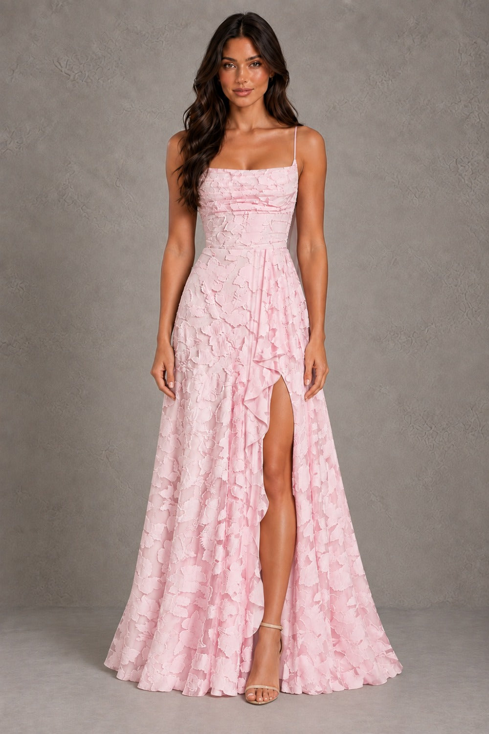 Dressime A Line Spaghetti Straps Floral Burnout Long Bridesmaid Dresses With Ruffles Slit