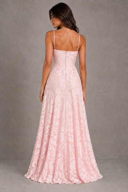 Dressime A Line Spaghetti Straps Floral Burnout Long Bridesmaid Dresses With Ruffles Slit
