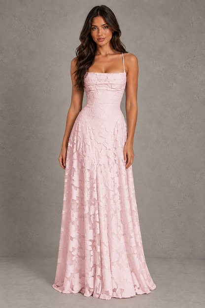 Dressime A Line Spaghetti Straps Floral Burnout Long Bridesmaid Dresses
